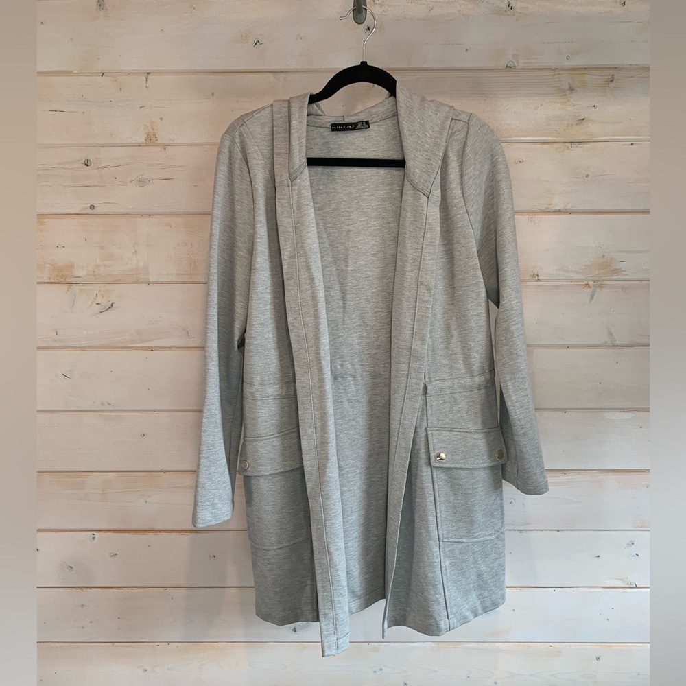 Black Tape_ Light Gray Open Front Hooded Cardigan